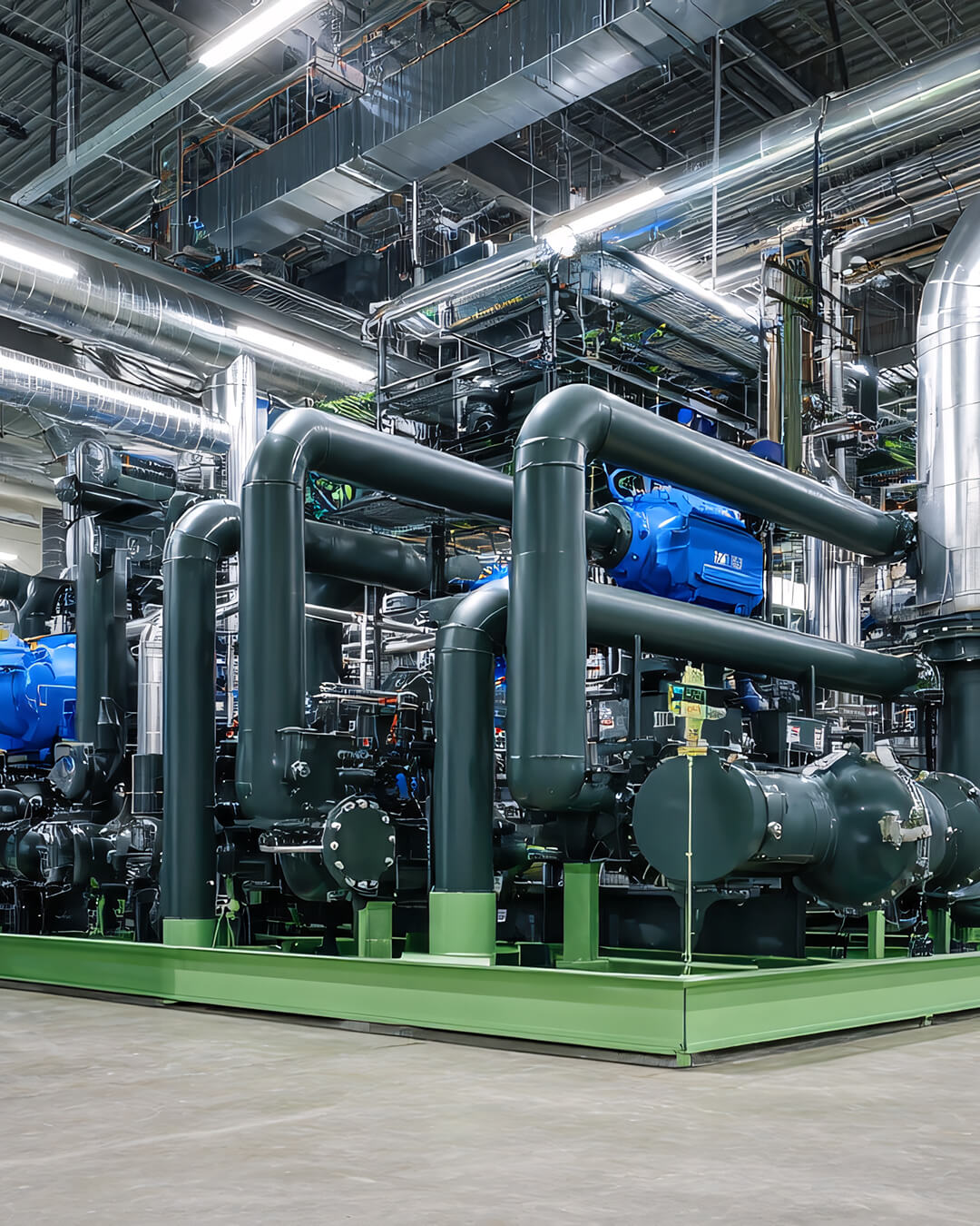 ndustrial plant interior with large-diameter piping and compressor equipment